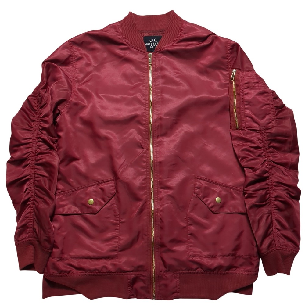 Jaywalker Bomber Jacket Ruched Sleeve‎ Burgundy Gold Trim Nylon Men Medium